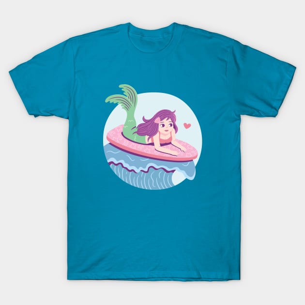 Mermaid Surfing on Pink Surfboard T-Shirt by rustydoodle